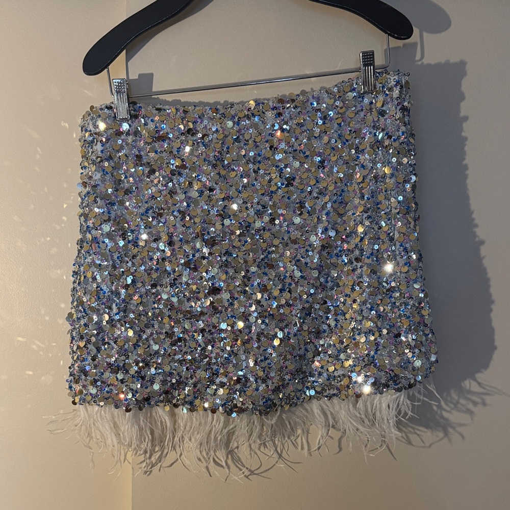 Silver Sequin Feather Mini Skirt NWT